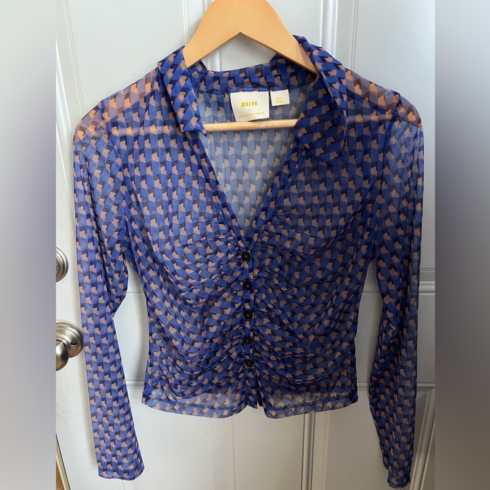 Maeve Anthropologie Blue Print Sheer Ruched Geometric Button Up Blouse